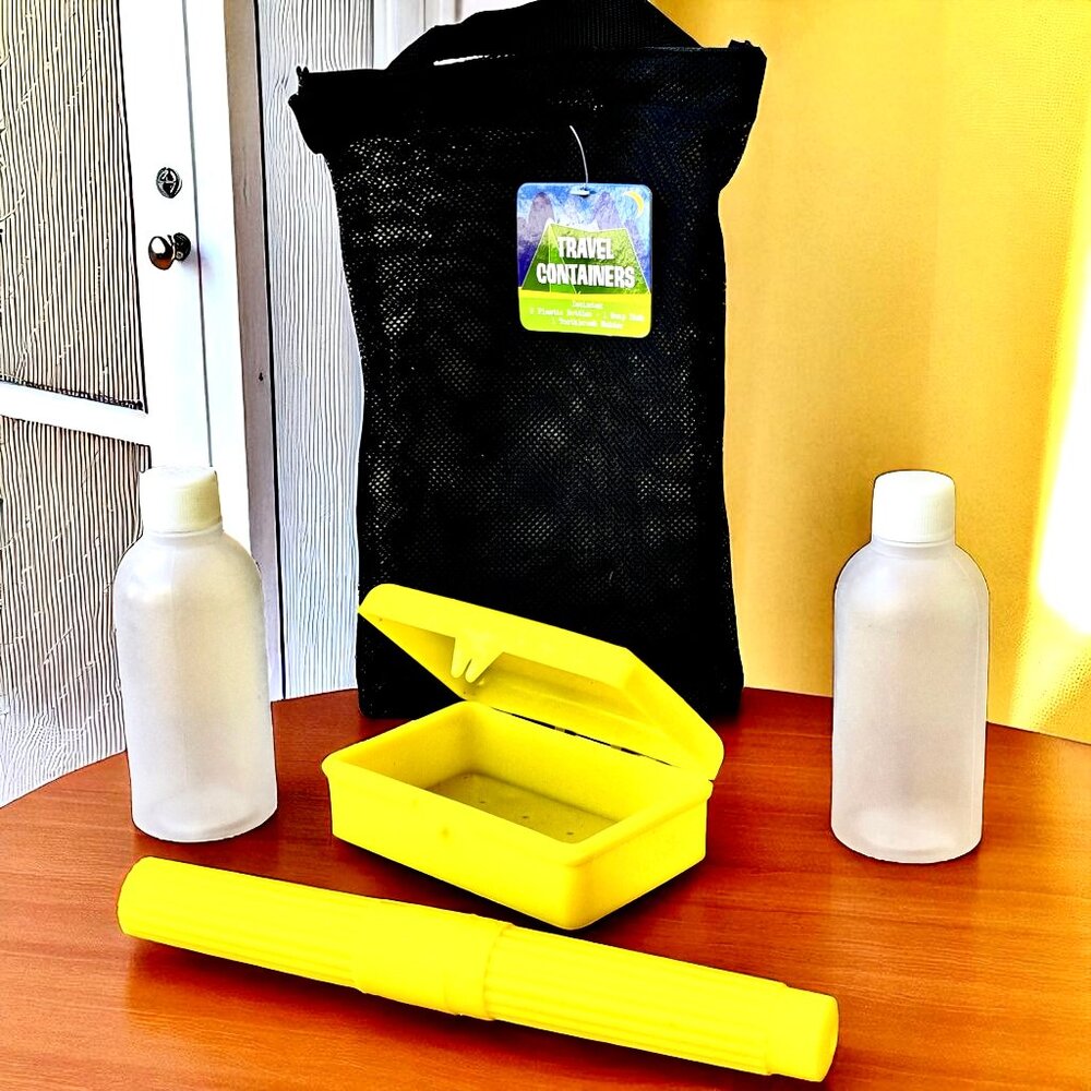 4 Piece Travel Bottles + Soap + Toothbrush Toiletry Container Set Net Bag NEW